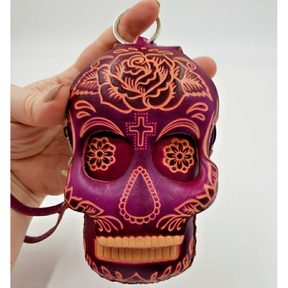Purple Sugar Skull Wristlet Coin Purse Leather Keychain Small Calavera Wallet